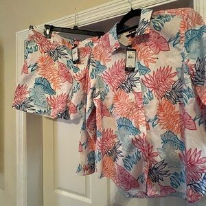 Tommy Hilfiger Women's Floral Button Down Shirt and Shorts - Pink, Blue, Orange